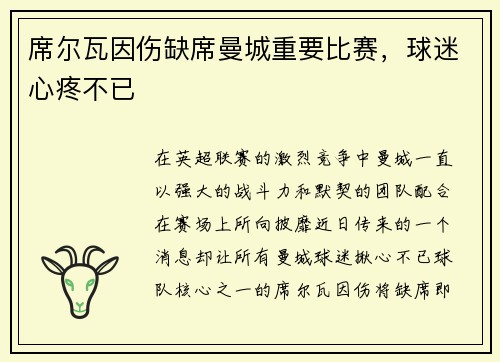 席尔瓦因伤缺席曼城重要比赛，球迷心疼不已