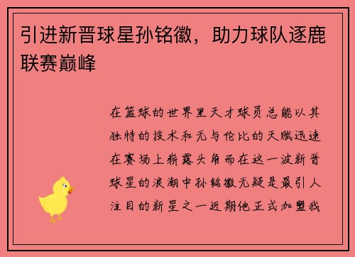 引进新晋球星孙铭徽，助力球队逐鹿联赛巅峰