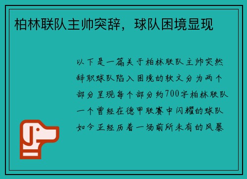 柏林联队主帅突辞，球队困境显现
